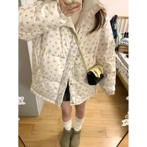 Ladies' Sweet Floral Design Sense Stand Collar Cotton-Padded Jacket Coat Women's Winter New Korean Loose Padded Warm Bread Coat