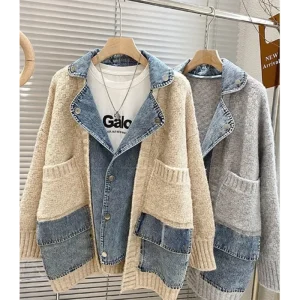 2024 Autumn Winter Retro Personality Stitching Denim Jacket Lazy Wind Knitted Sweater Cardigan Fashion Tide Comfortable Jacket