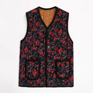 Autumn Winter Elderly Mothers Add Velvet Padded Ladies Fashion Vest Middle-Aged Loose Cardigan Printing Cotton Vest Women Coat
