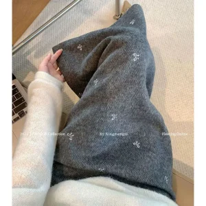 Ladies' Spring and Autumn New Bow High Waist Printed Grey Gentle Temperament Split Thick Woolen Skirt Ancient High Sense Skirt